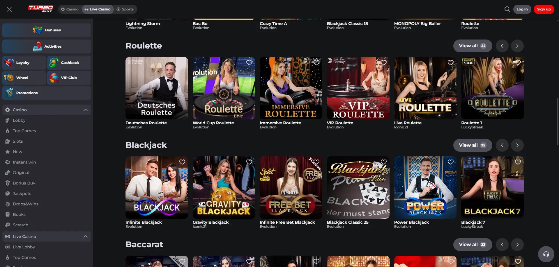 Giochi live con croupier dal vivo su Turbowinz Casino