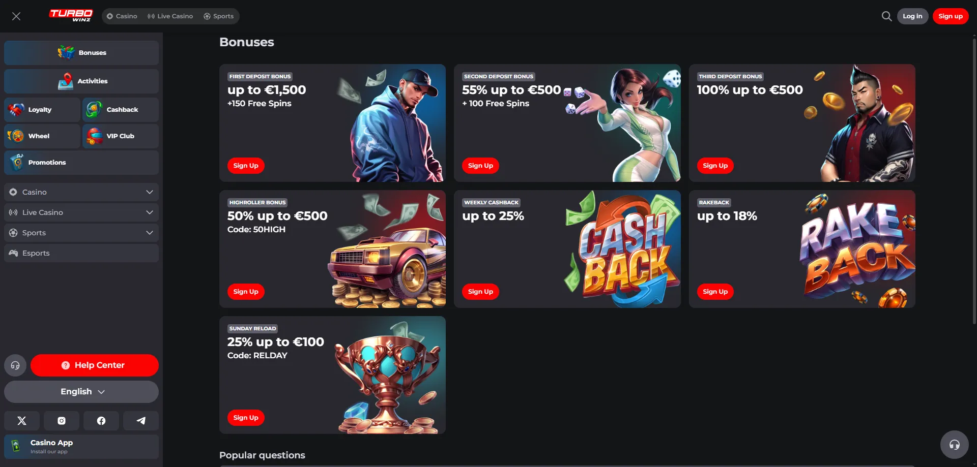 Bonus di benvenuto Turbowinz Casino fino a 1.500 &euro; e 250 giri gratis